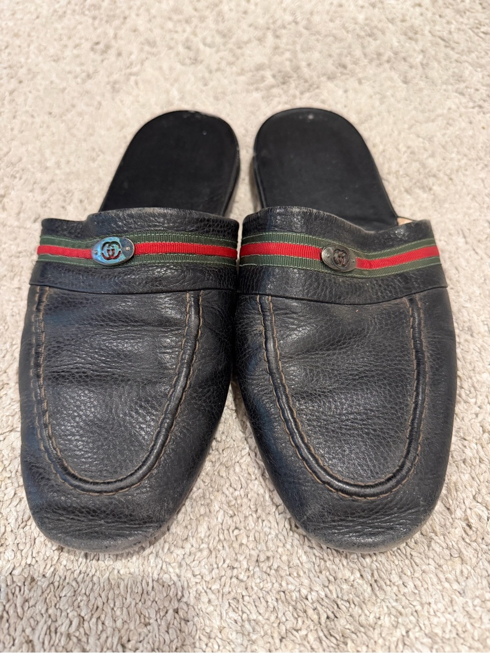 Vintage Gucci Black Pebble Leather Slippers/Mules with Green and Red Stripe